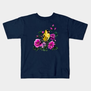 Goldfinch Surrounded By Pink Wild Roses Iowa State Tattoo Art Kids T-Shirt